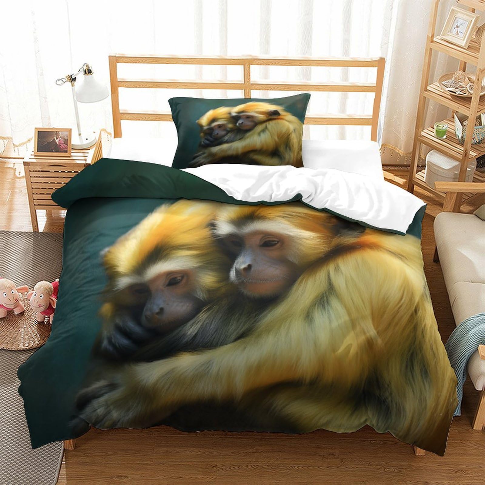 P1S9U7W5Y Animal Theme Golden Monkey 3D Printed Duvet Cover Set 3 Pieces Microfiber Bedroom Decor Golden Monkey Bedding Set Soft Breathable for Adults Teens Single（135x200cm）