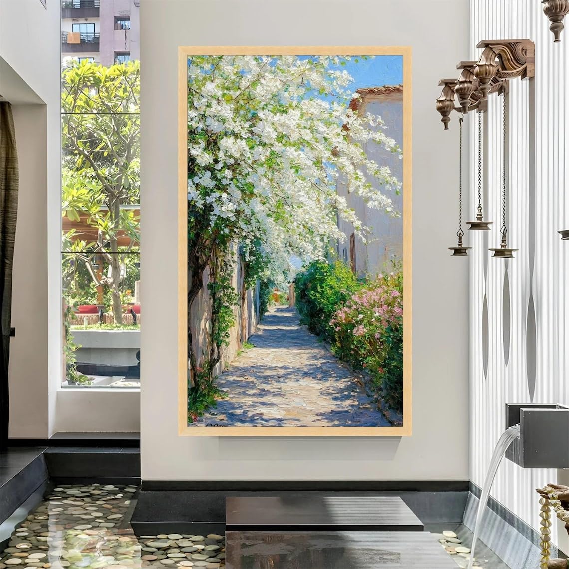 XINBAO Sunny Pathway with Blooming White Flowers Canvas, Garden Landscape Wall Art, Floral Posters- Canvas Wall Art, size Piece(21x30cm/Frameless)