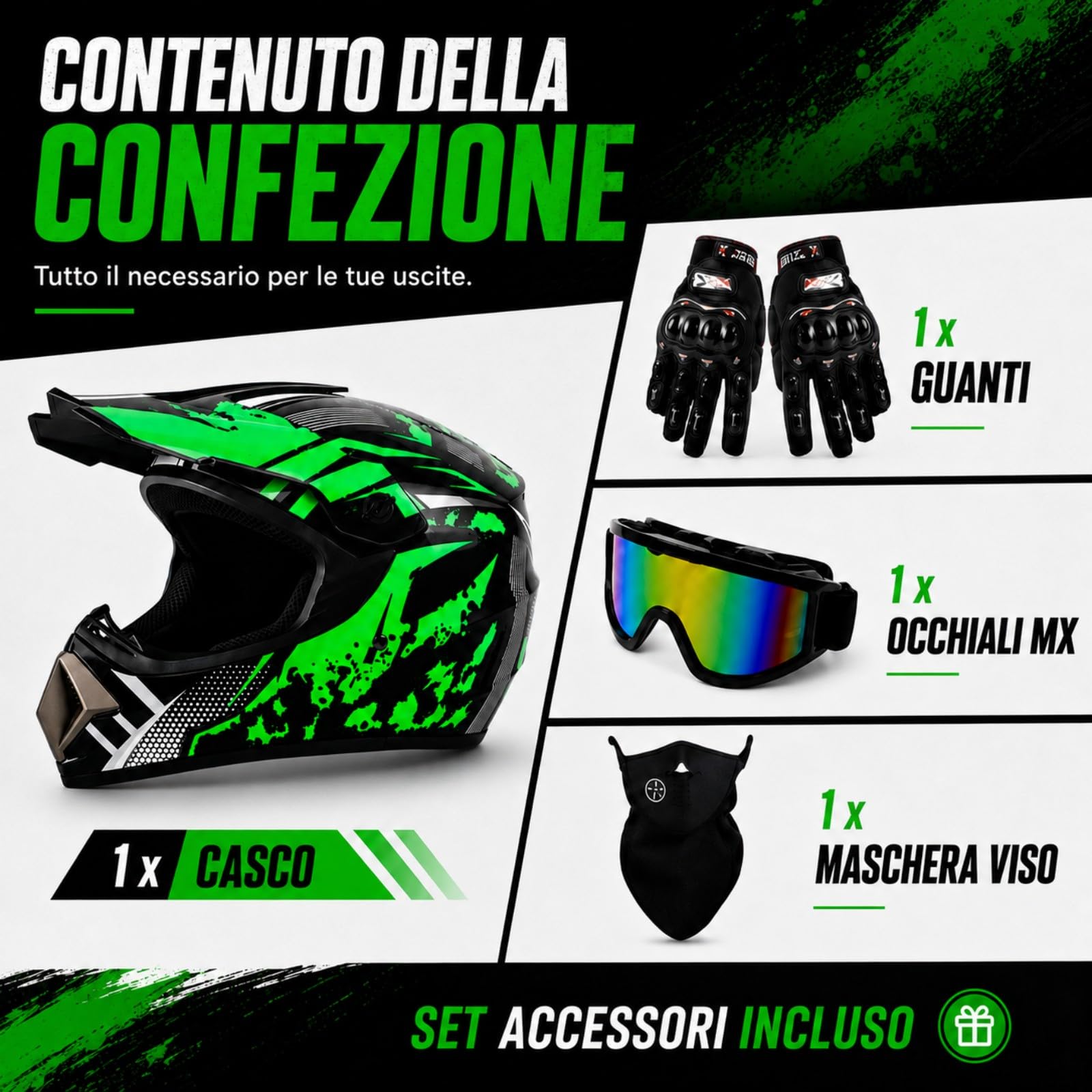 Casco Integrale MTB BMX nero e verde acceso con Occhiali e Guanti