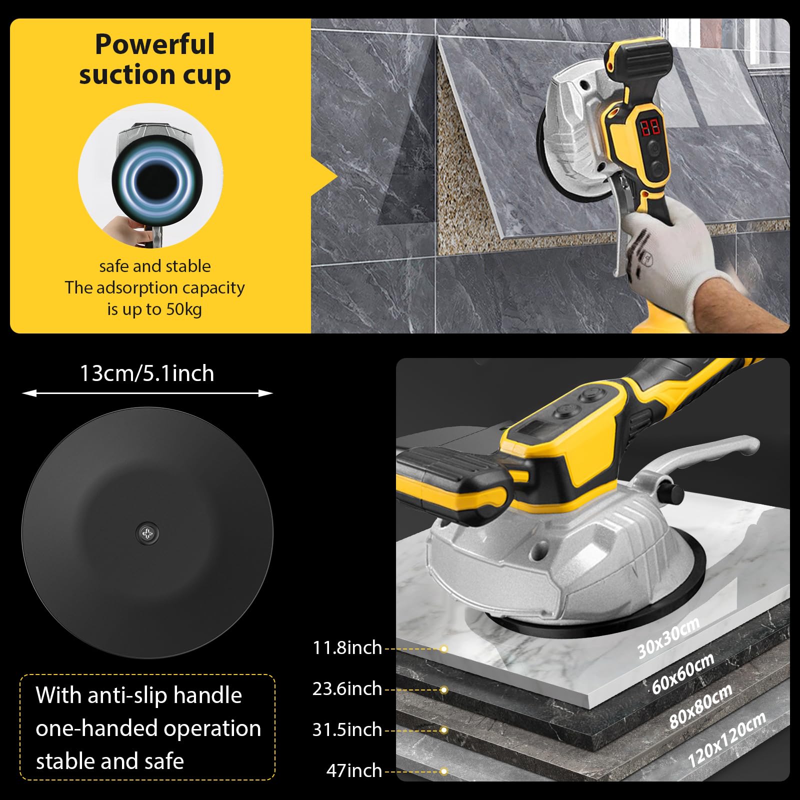 Machine de carrelage 50kg, Vibreur Carrelage Manuel Machine Compatible avec Dewalt 20V Akku, 8 Vitesses Réglable, Tile Vibrator de Carreleur Capacité d'Adsorption, Machine à Carrelage 130mm