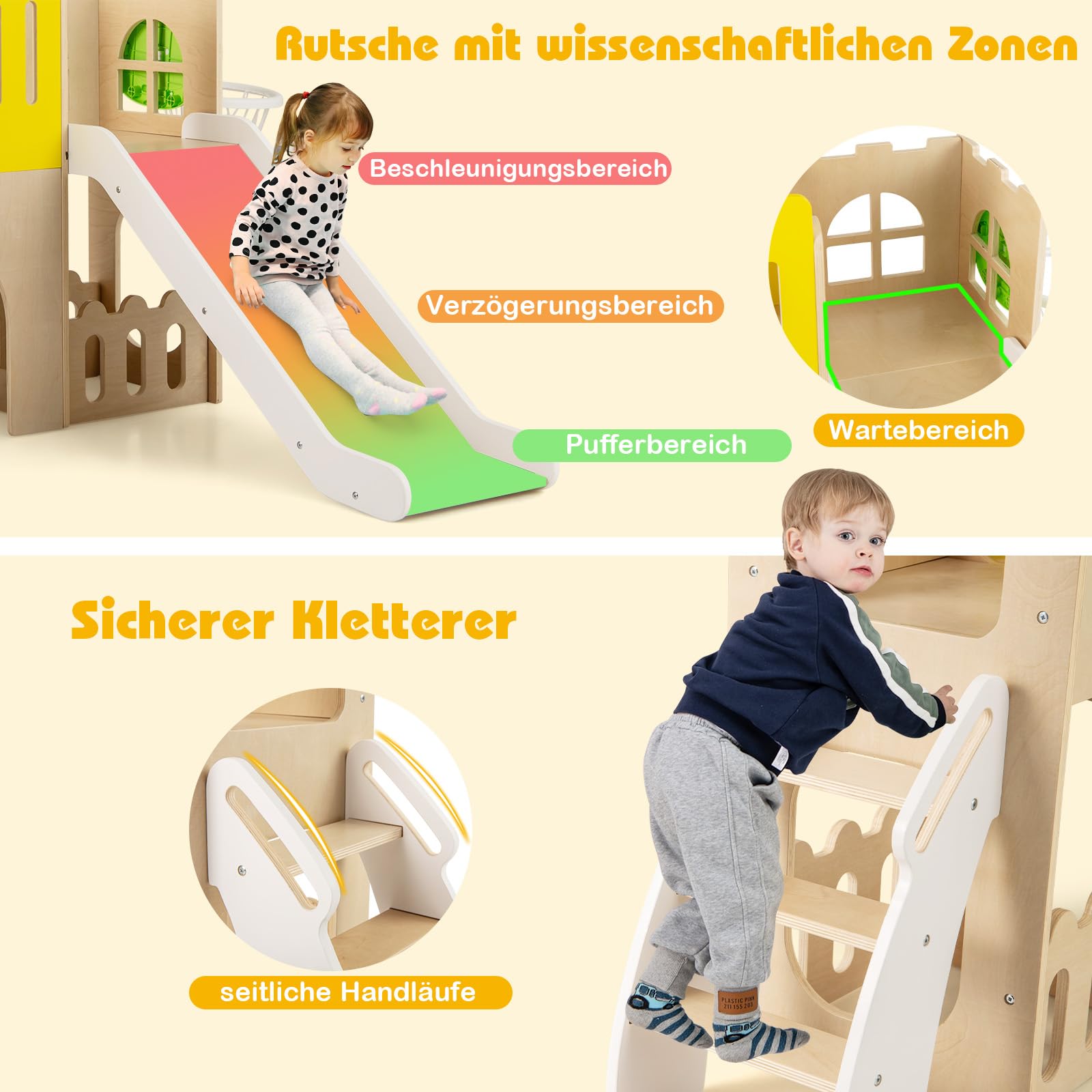 DREAMADE 7-in-1 Kinderrutsche Holz, Kinder Rutsche mit Basketballkorb & Kletterleiter, Klettergerüst Indoor mit Gucklochfenster, Tunnel & Stauraum, Spielplatz, Gartenrutsche für Kinder ab 3 Jahren