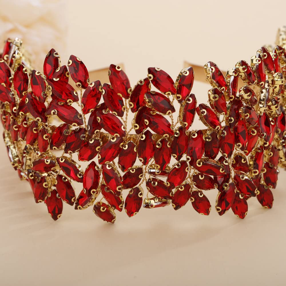 Bridal Crystal Headband for Wedding Party Silver Large Crystal Headpiece Hair Accessories for Bride Hair Clips for Prom Party Gift (red)