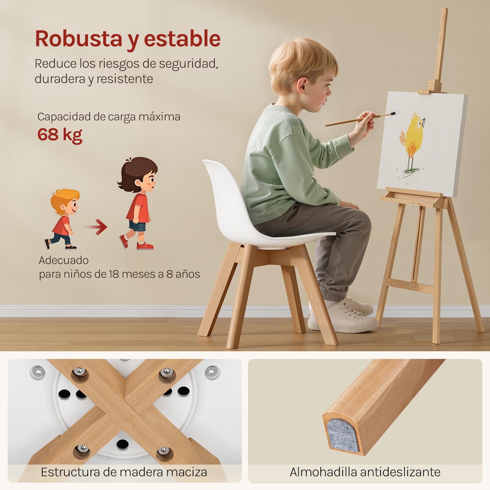 WOLTU Silla para Niños, Silla Infantil Altura de 33 cm, Respaldo Curvado, Asiento de PP + PU, Patas de Madera, con Almohadillas, 38x33x56 cm, Blanco
