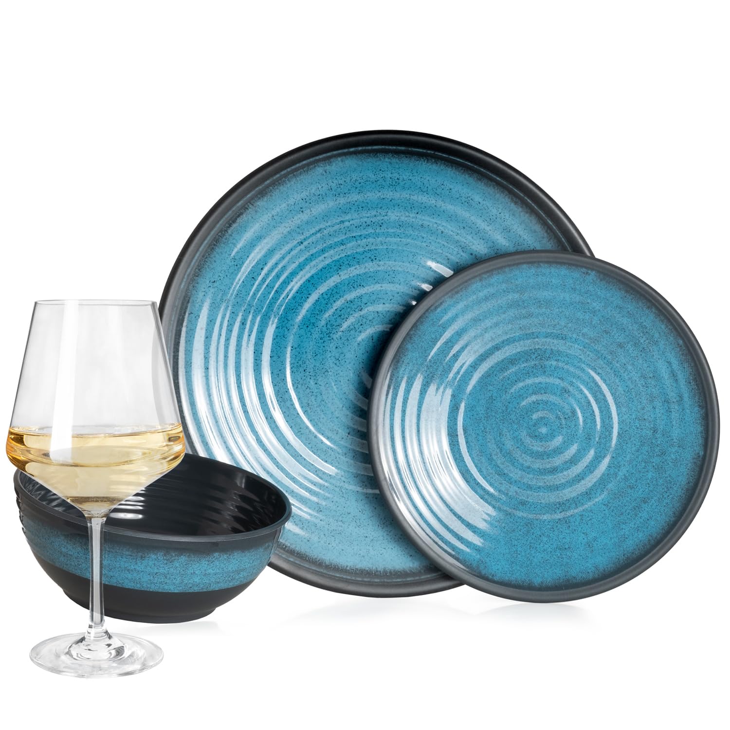 Vajilla de melamina para camping, 4 personas, color azul piedra + 4 copas de vino blanco Milano