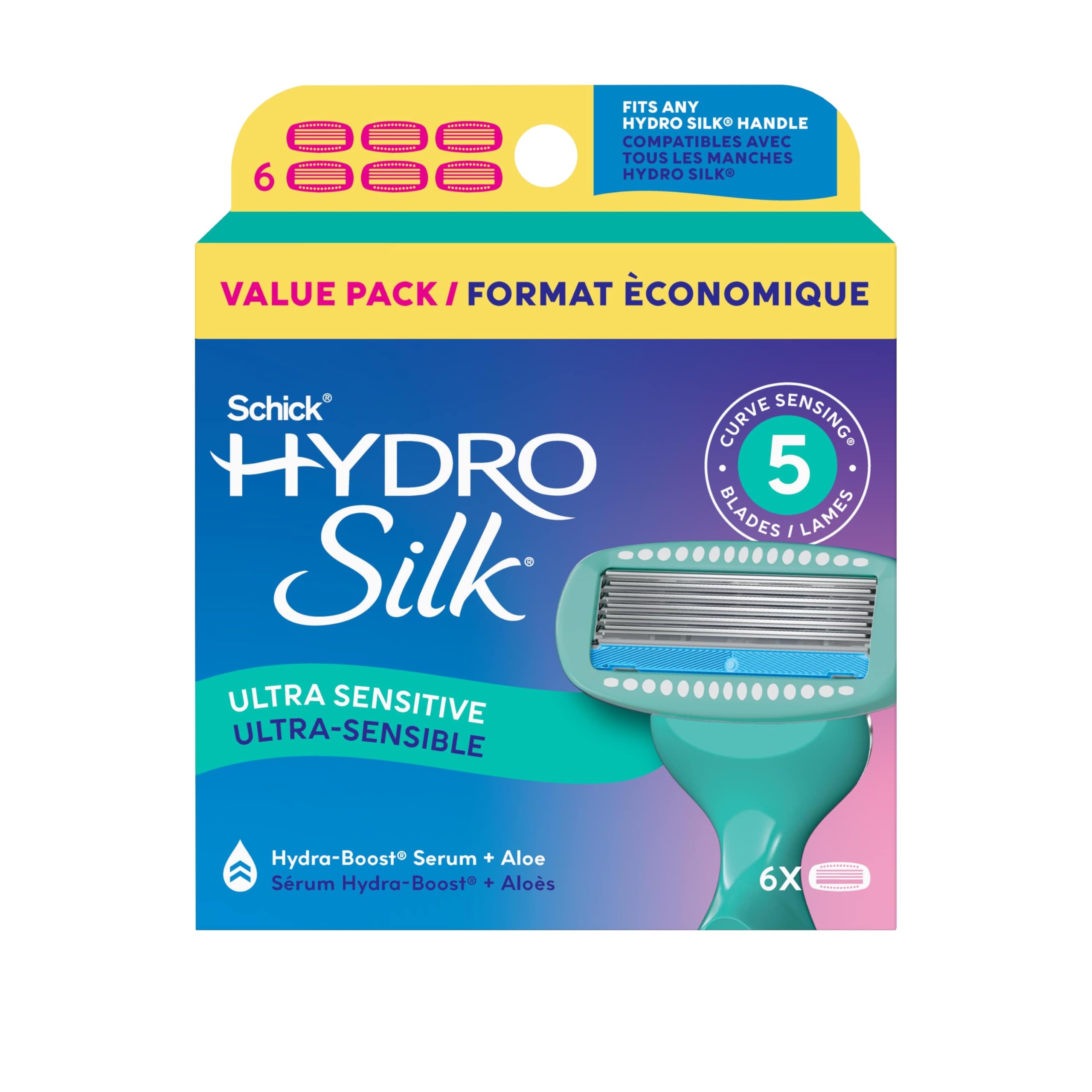 Schick Hydro Silk Sensitive Razor Blade Refills, 6 Count | 5-Blade Sensitive Skin Razors for Women | Womens Razor Refills for Sensitive Skin