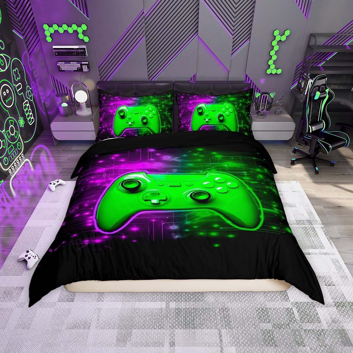 Homemissing Gamer Duvet Cover Set Single Size Green Gaming Breathable Bedding Set Purple GamePad Zippered Duvet Cover with 1 Pillowcase Children Games Controller For Teenager Boy