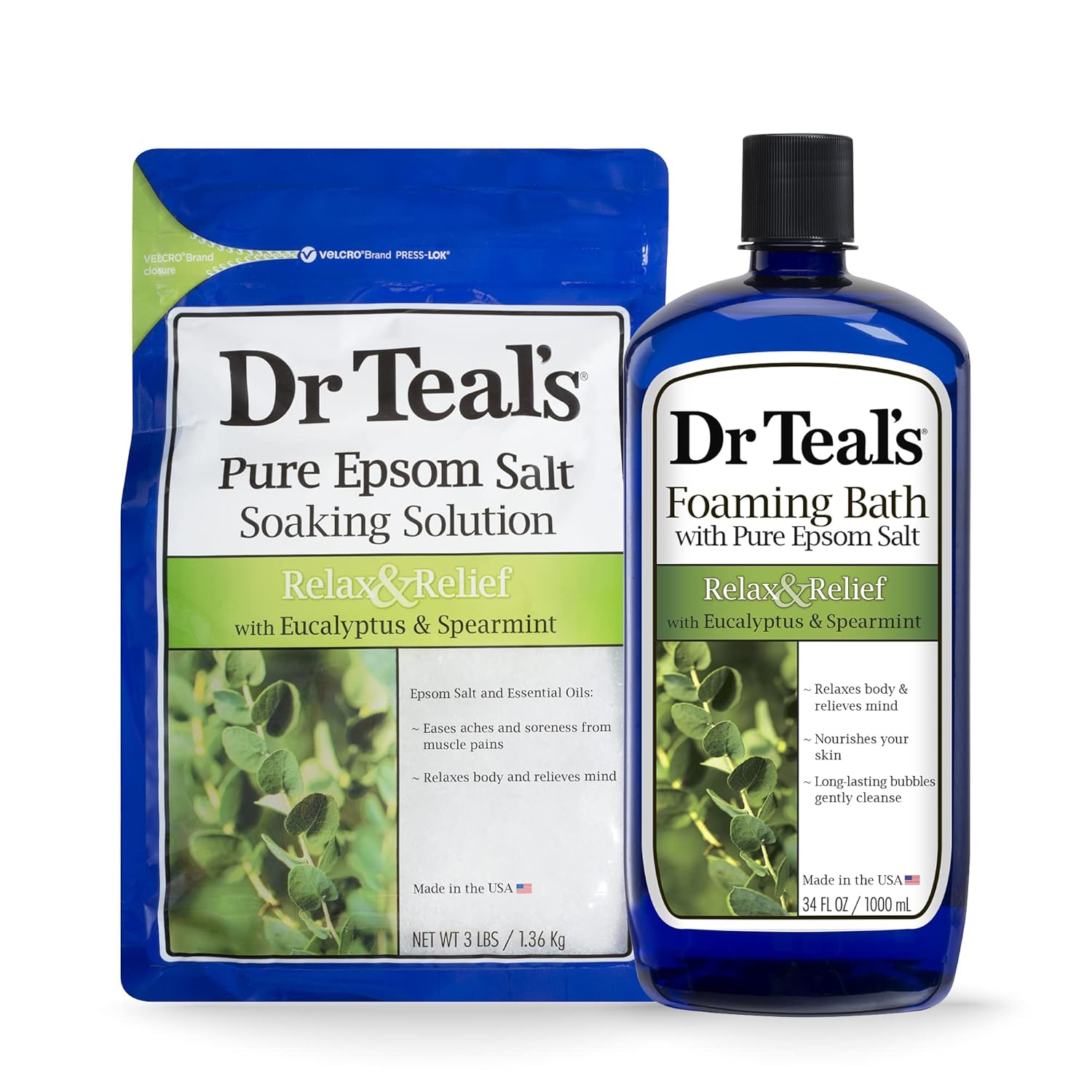 Dr Teal’s Epsom Salt Soaking Solution and Foaming Bath with Pure Epsom Salt, Eucalyptus 3 Pound Bags, and 34 Ounce Bottle