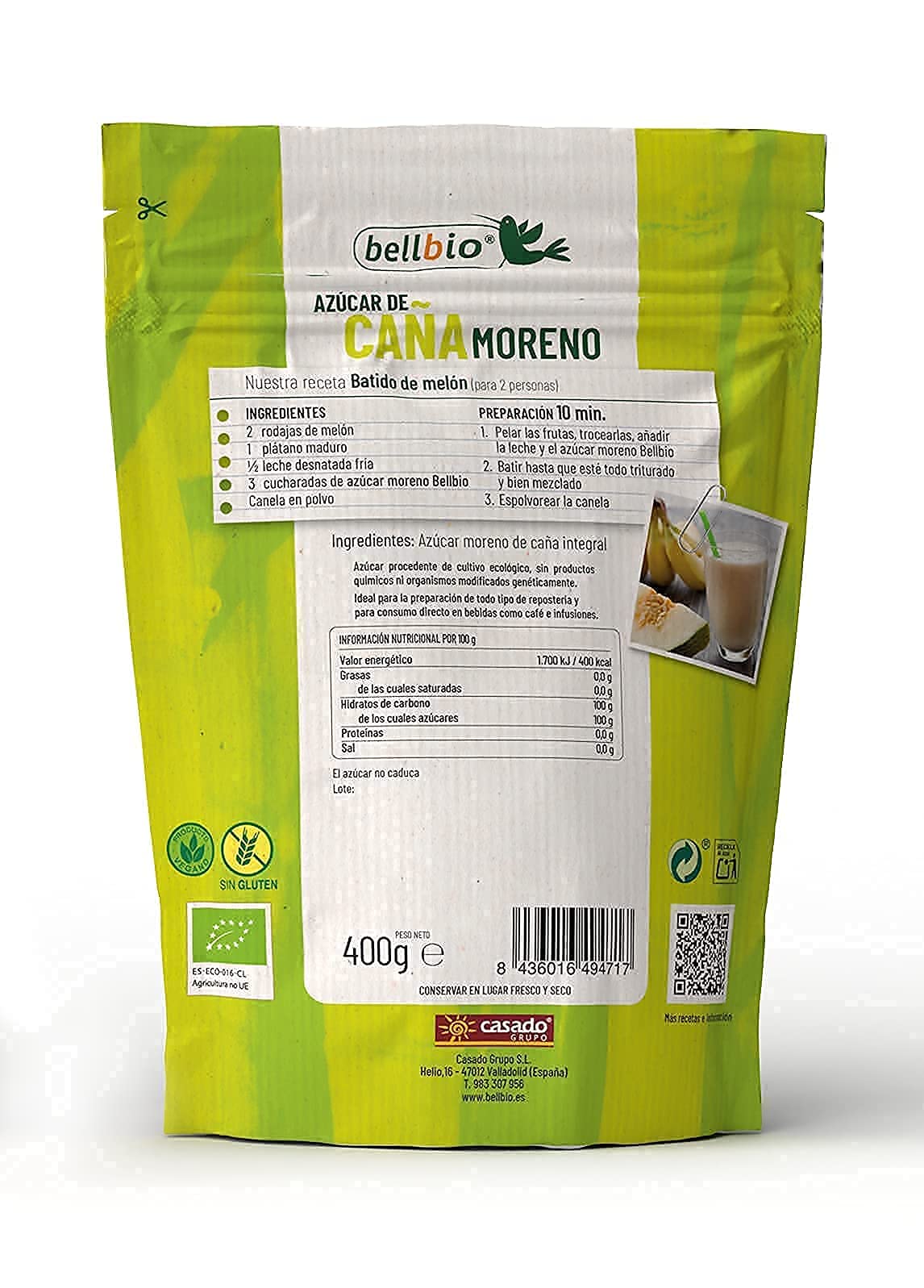 4x400g BELLBIO Azúcar moreno de caña integral eco. Edulcorante 100% natural. Organico, sin refinar