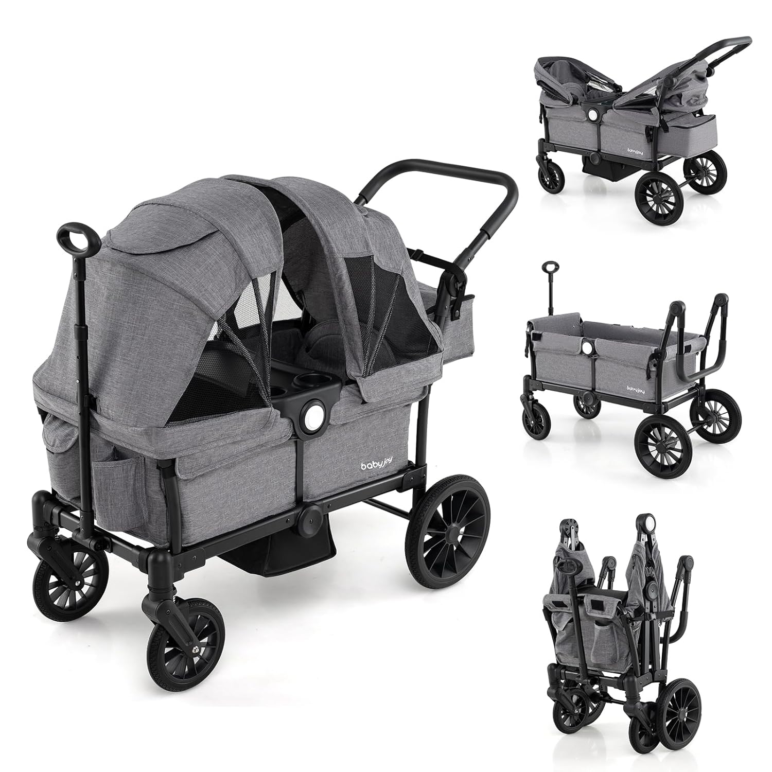 Passeggino per bambini Joy Wagon per 2 bambini, piega a trazione pieghevole per passeggino doppio con manubrio regolabile, baldacchino rimovibile, imbracatura di sicurezza, portabicchieri, vassoio per snack e custodia (grigio)