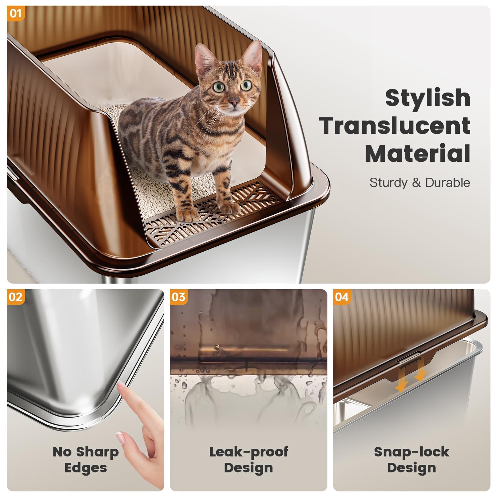 Tripamin 15” XL Stainless Steel Cat Litter Box Enclosure, XXL Stainless Steel High Sides with Lid, Extra Large Metal Cat Litter Box (Translucent Black, XX-Large) - image 6