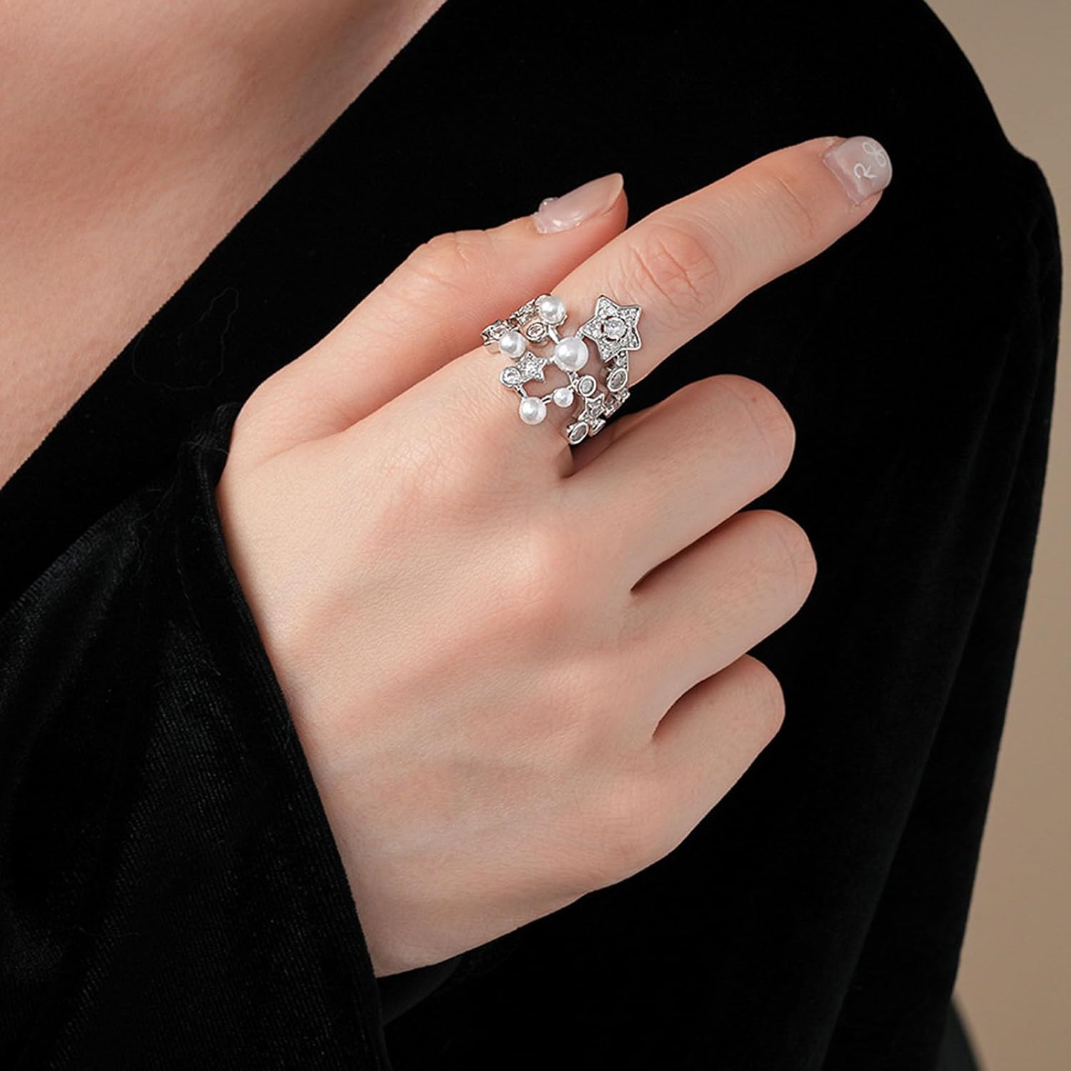 Vintage Crystal Pearl Ring Silver Rhinestone Star Ring Adjustable Open Finger Rings Cluster Cz Wedding Rings Jewelry for Women - Image 5
