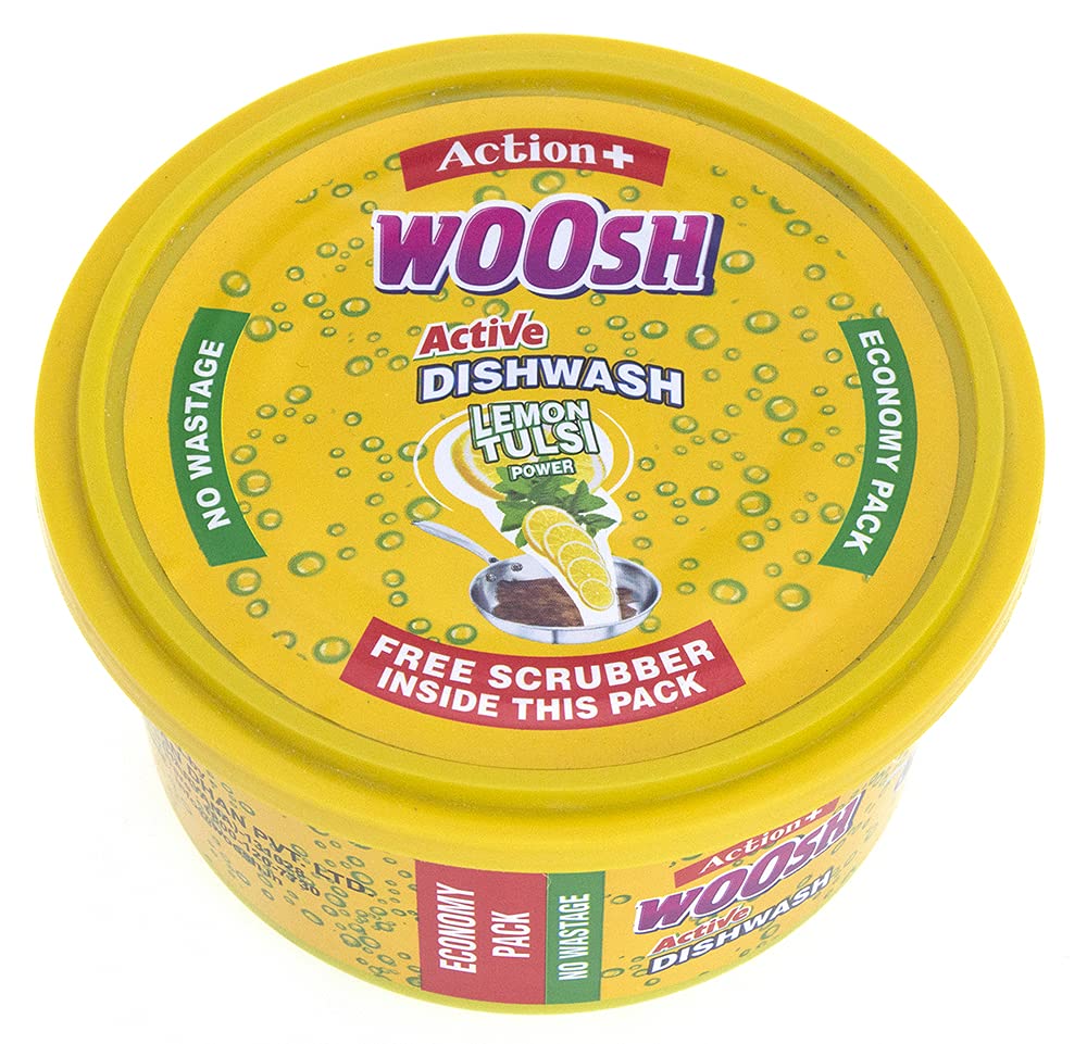 WOOSH Action + Dish wash Lemon Tulsi Power Bar Tub with Free Scrubber 400 gm