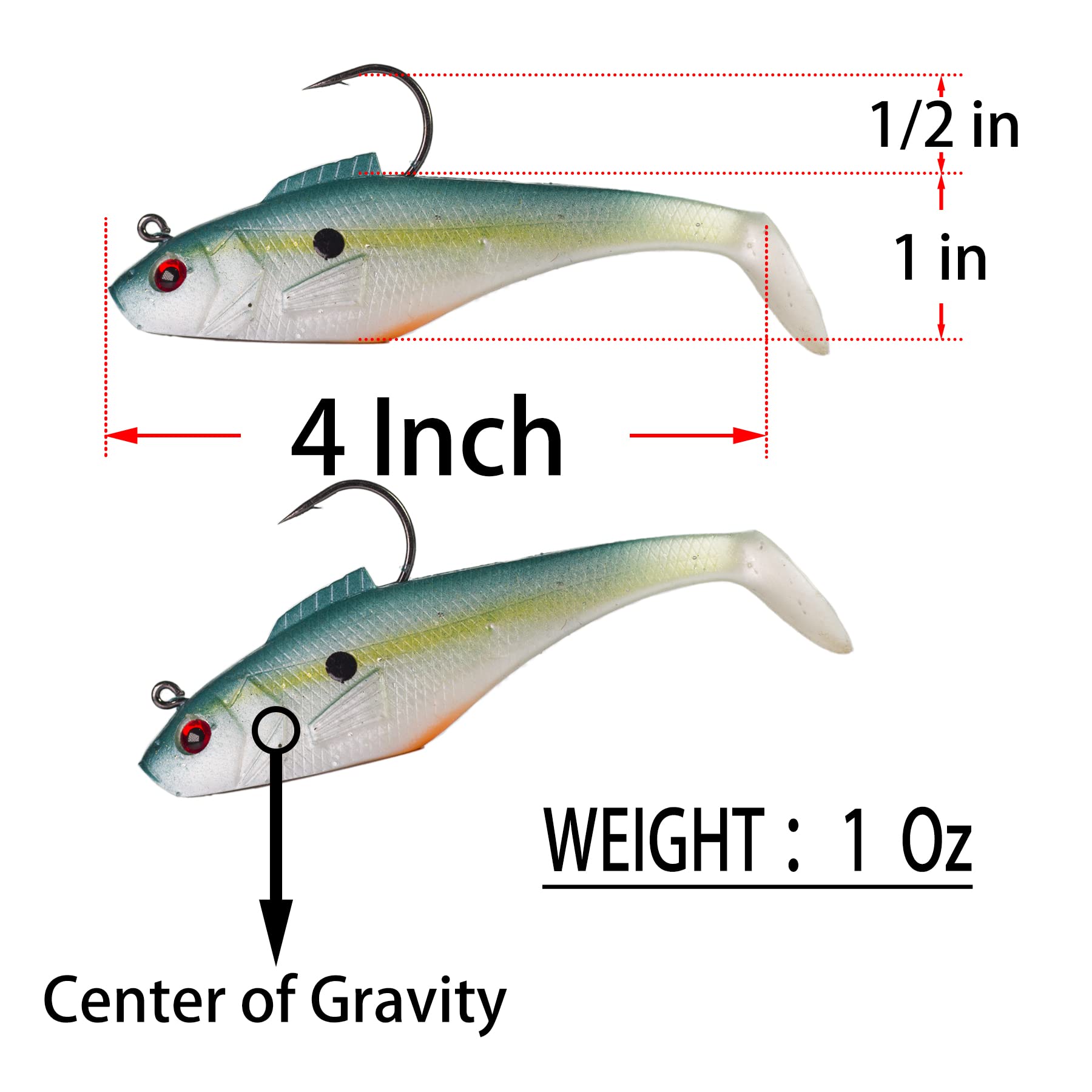 DMSHARK Pre-Rigged Jig Head Paddle Tail Fishing Lures Swim Shad 3PCS 4
