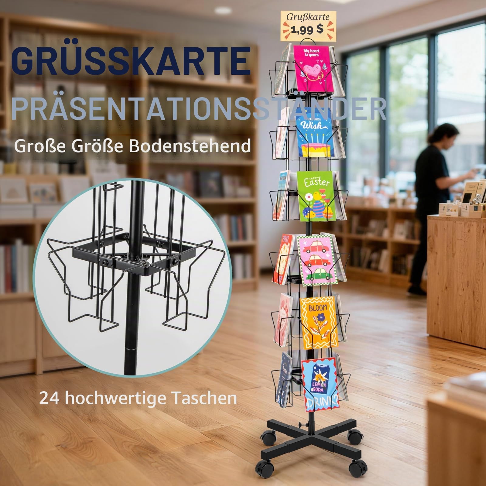 ANBOXIT Postkartenständer, Postkartenhalter Drehbarer Ständer für Grußkarten, für Postkarten, Aufkleber, Feiertags-Geschenkkarten im Einzelhandel Schwarz, 24 Fächer