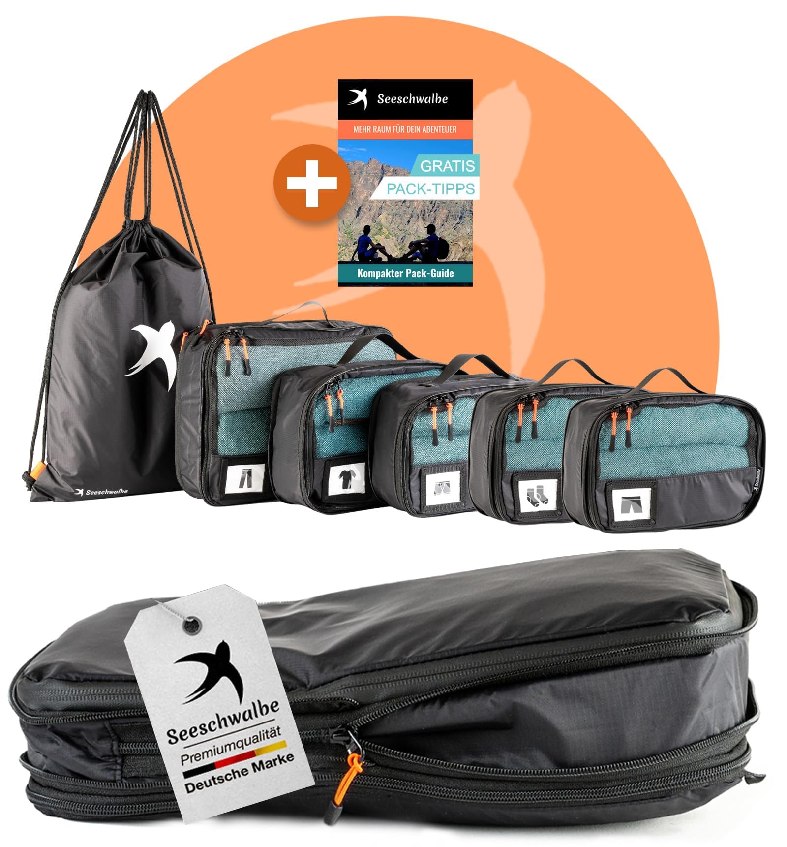 Packing Cubes Compression | 6-teiliges Set | Premium Packwürfel kompression als ultraleichte Rucksack Organizer oder Koffer Organizer | Ideale Packtaschen für deine Reise (schwarz)