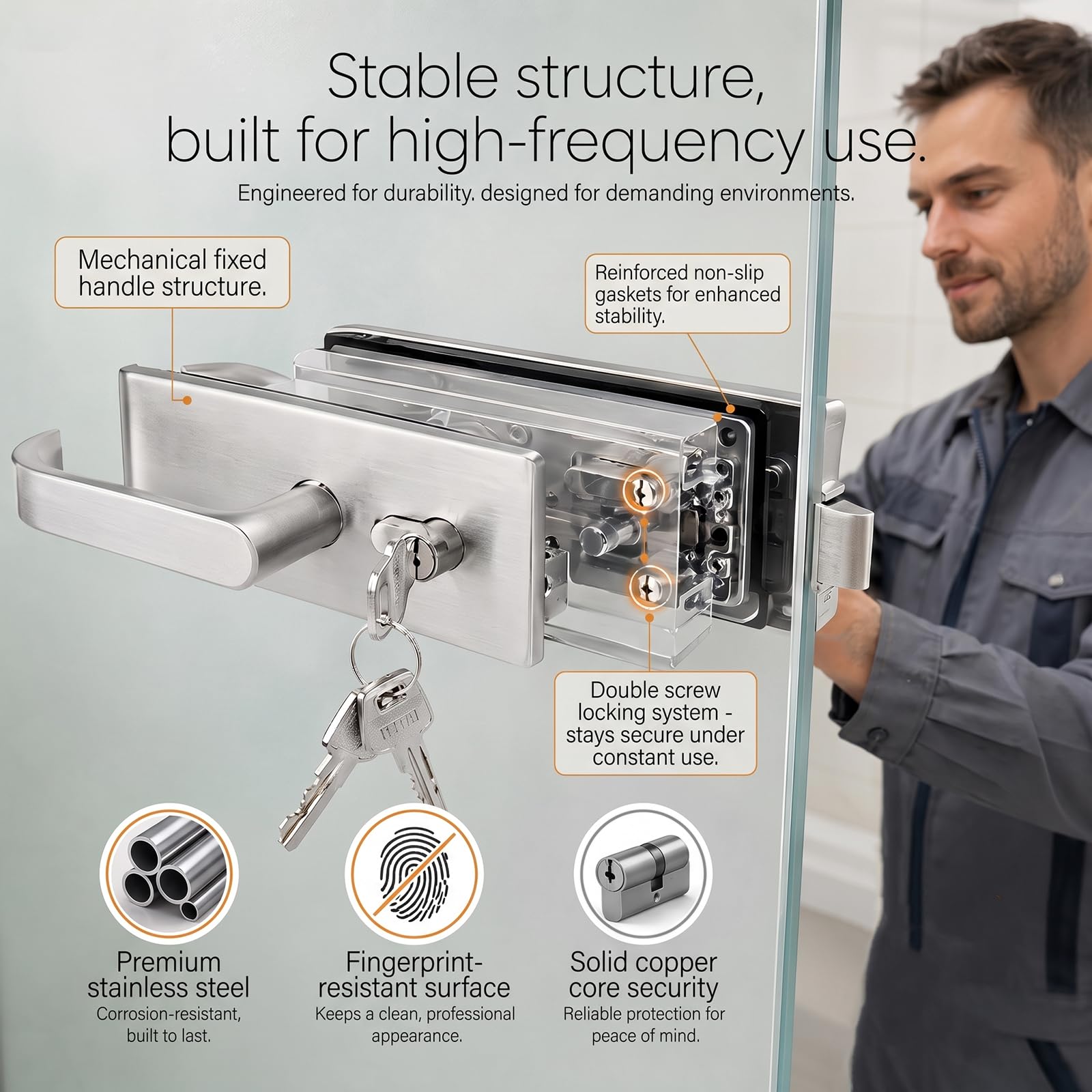 Serratura per porta in vetro in acciaio inox opaco con 3 chiavi, maniglia scorrevole, serratura per porta interna per ufficio, bagno, camera da letto, balcone, per vetro spesso 8-12 mm e 5-8 mm