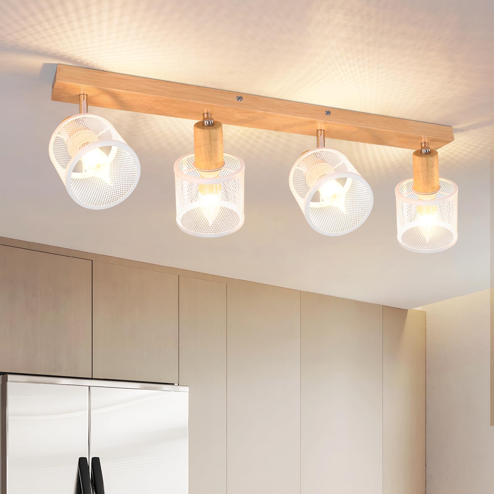 Deckenstrahler 4 Flammig Deckenleuchte Holz - Deckenlampe Vintage | Wohnzimmer Weiß Strahler Schwenkbar E14 Deckenspot Spots Flur Schlafzimmer Küche Esszimmer-Ohne Leuchtmittel