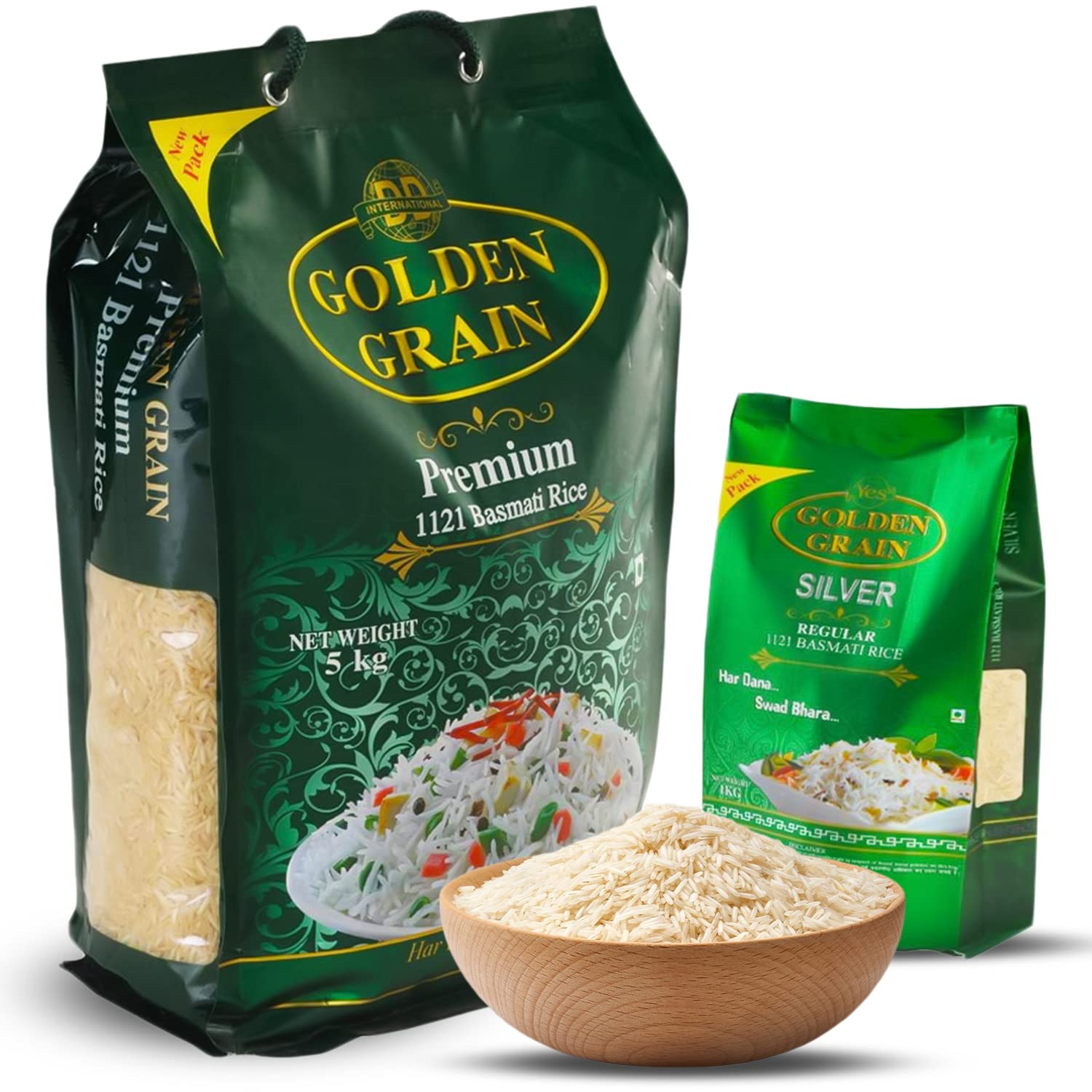 GOLDEN GRAIN Premium Basmati Rice 5Kg + Silver Regular Premium 1Kg | Extra Long Grain 3X with Rich Aroma | Traditional Biryani Rice | Naturally Aged & Non-Sticky | Perfect Authentic Basmati Rice