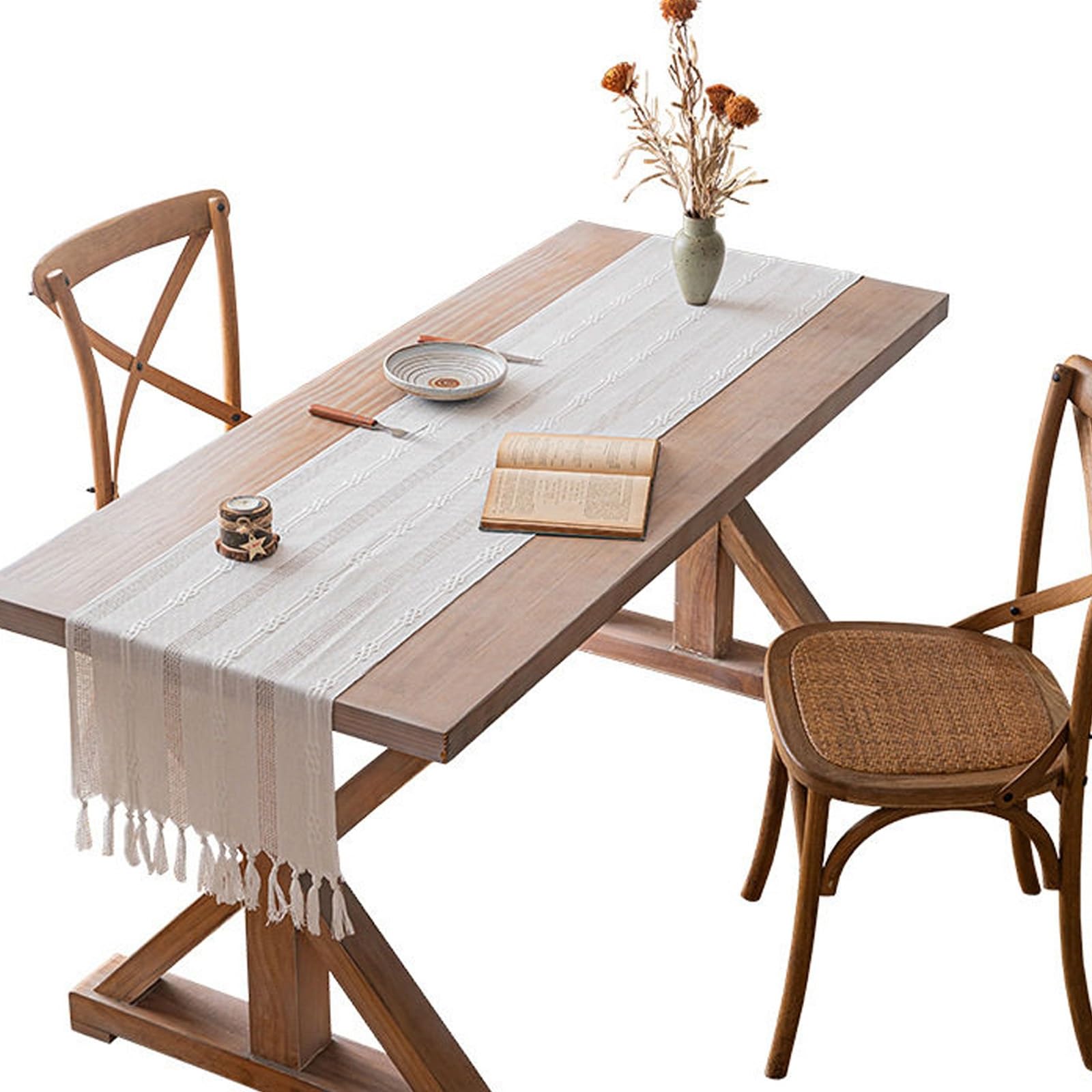 Minimalist Striped Tassel Table Runner, Hollow Out Jacquard Table Dresser Scarf, Woven Decorative Cover for Dining, Coffee Table & Sideboard(White,200cm/78.7in)