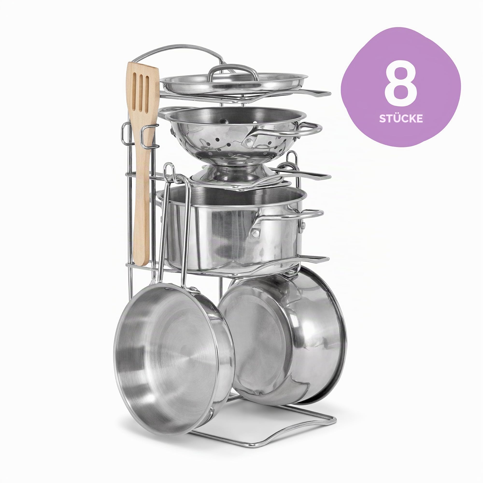 Melissa & Doug - Kinderküchen-Topfset aus Edelstahl, 8-teilig, Mit Töpfen, Pfanne und Küchenhelfern, Für Kinder ab 3 Jahren