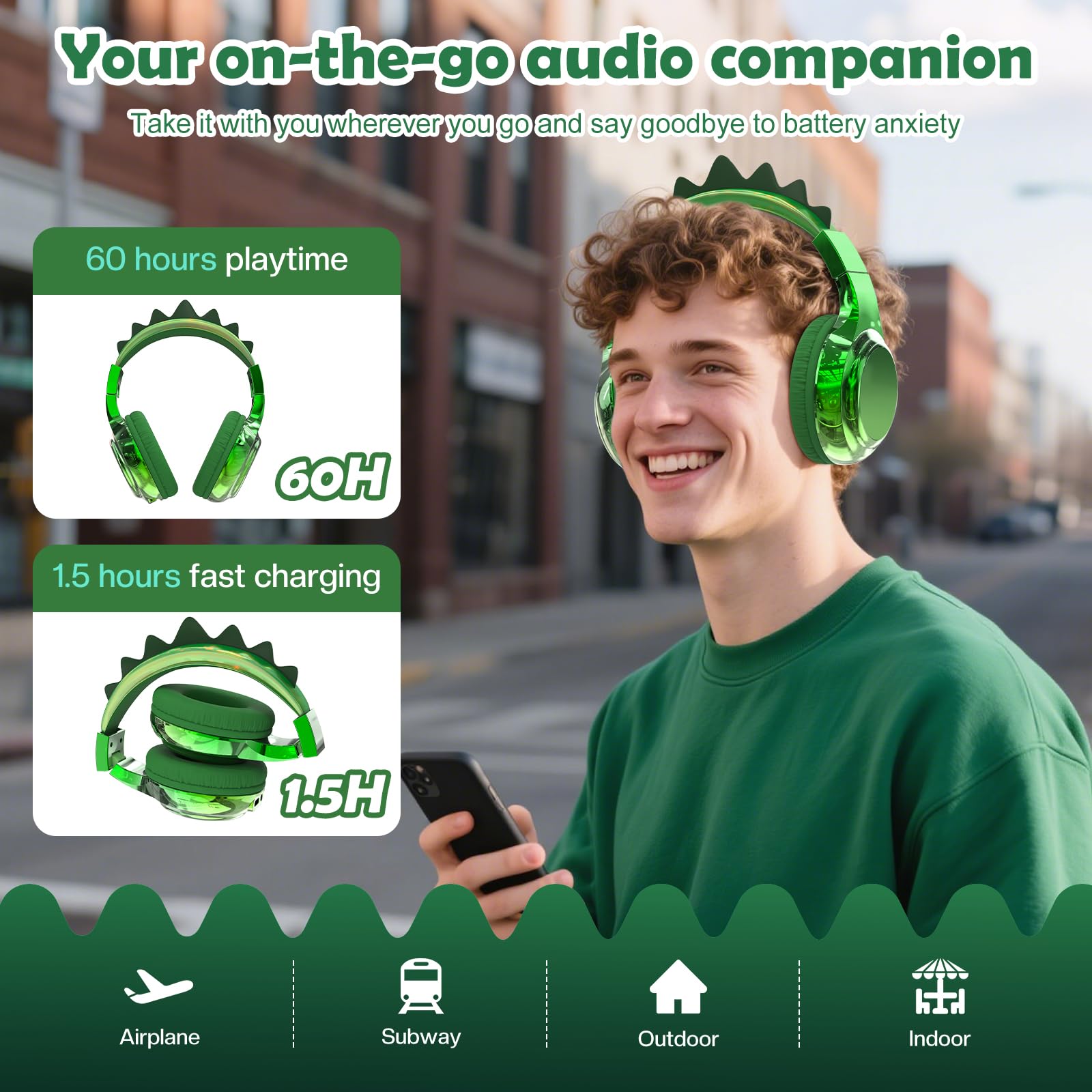 JYPS Bluetooth Kopfhörer Kinder, Metallisch Kabellose Kopfhörer Kinder Over Ear mit 74/85dBA Lautstärkebegrenzung, 40 Stunden Spielzeit, ab 3 5 6 7 für iPad/Schule/Tablet (Dinosaurier, Grün)