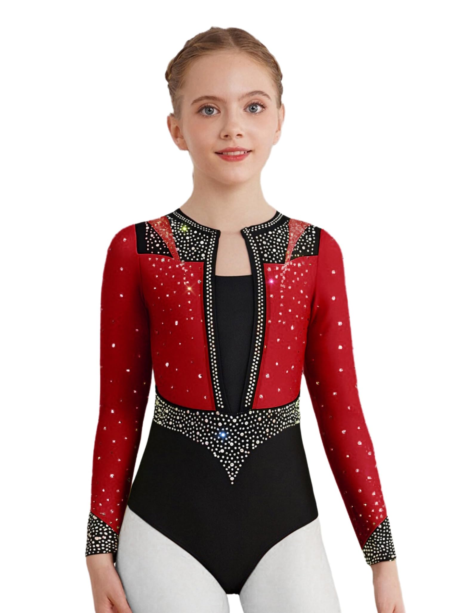 Piezas Traje Gimnasia Niñas Con Brillo Traje Entrenamiento Camiseta Manga Larga Patinaje Artístico Mono Baile borgoña 13-14 años