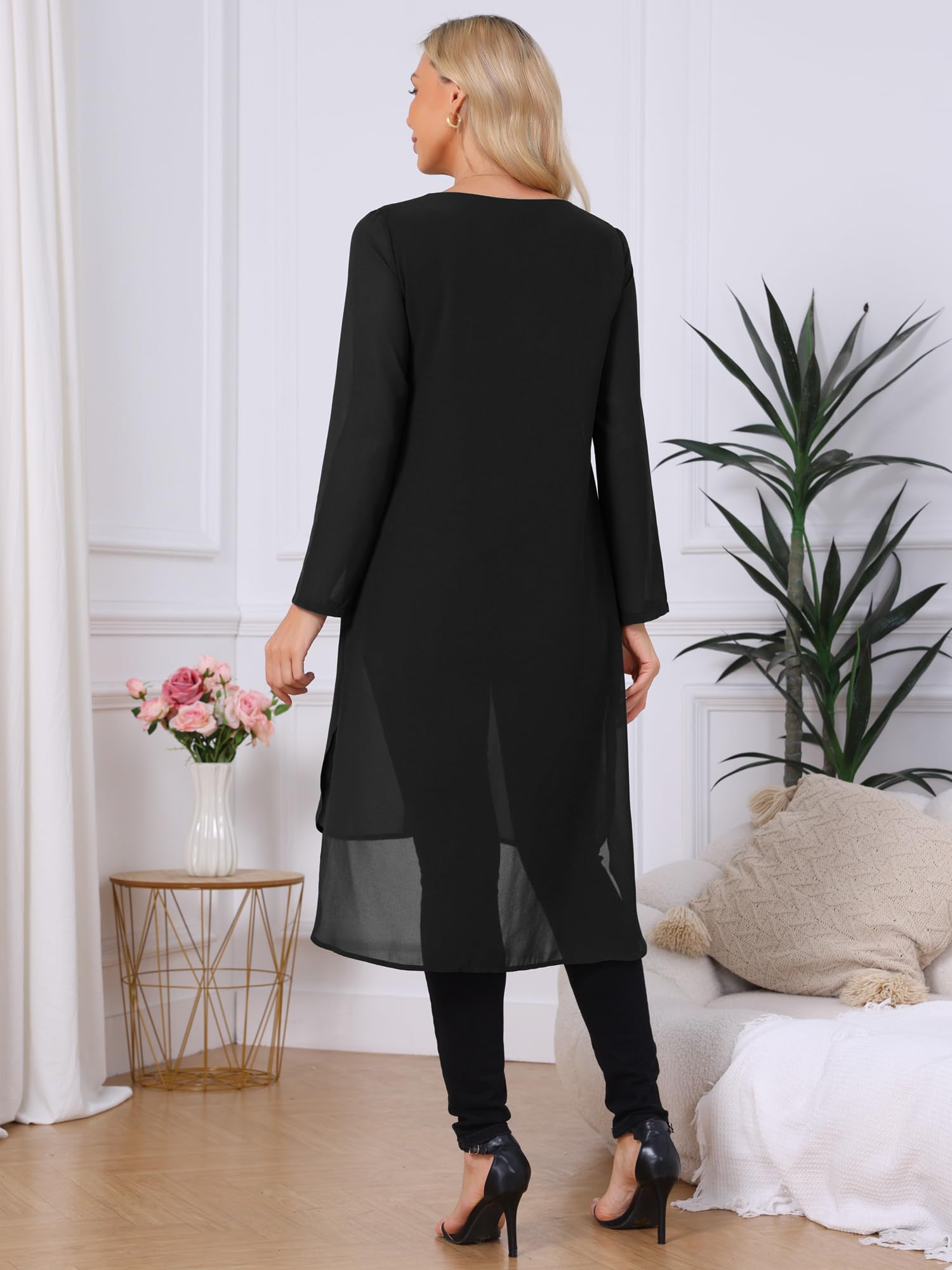 Seta T Camicetta da donna in chiffon, con scollo rotondo, asimmetrica, a maniche lunghe, con spacco laterale, casual