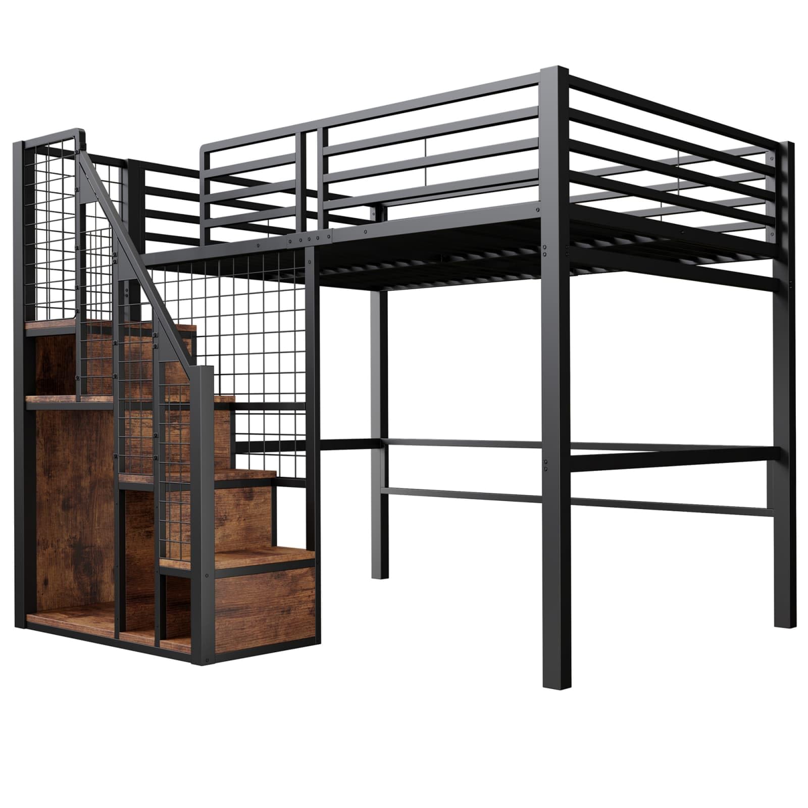 PUGSDRLY Lit Mezzanine Enfant 140x200cm,Lit Mezzanine 2 Places avec échelle de Rangement et Plaque à Mailles en Métal,Design de Clôture Haute,pour Enfant Adolescent (Noir-140)