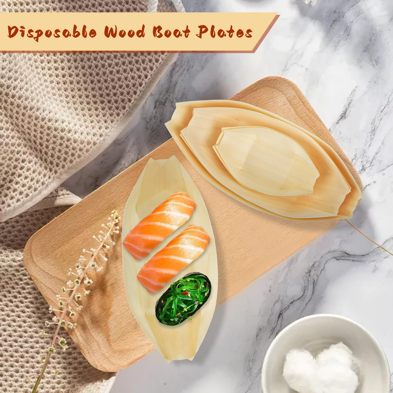 Jednorazowe talerze bambusowe, ekologiczne drewniane talerze do łodzi do przystawek sushi i cateringu, biodegradowalne tace do serwowania i pojemniki na żywność, na imprezy i wydarzenia, 500 szt