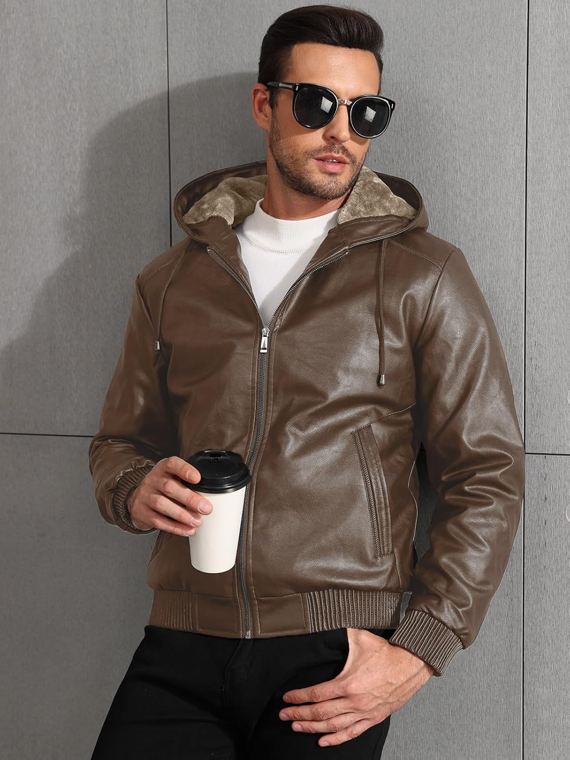 Uusollecy Men's Leather Jacket, Sherpa Lined Zip-Up Motorcycle Jacket, Bomber Jacket With Hood