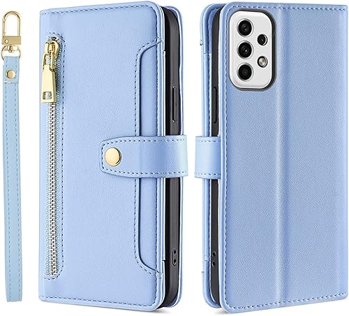 LBYZCASE Funda tipo cartera para Galaxy A23 5G, funda protectora de piel con cremallera y cordón ajustable para la muñeca, soporte para tarjetas y