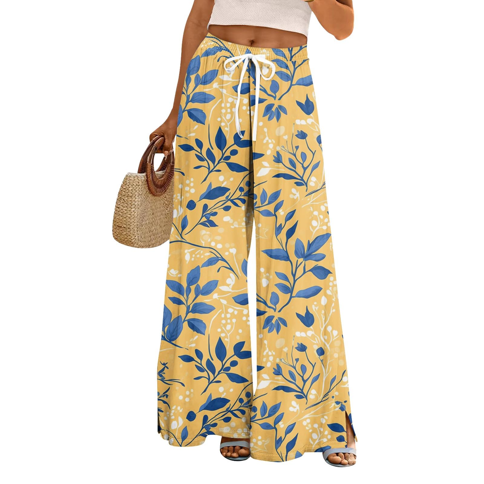 Flowy Pants for Women Wide Leg High Elastic Waist Adjustable Knot Casual Trousers Business Work Pant with Pockets