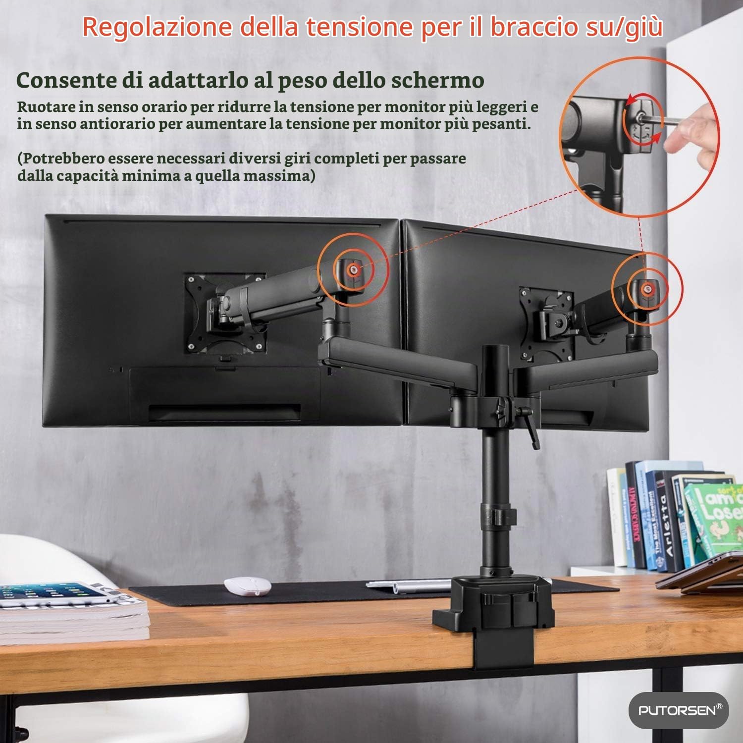 Supporto per monitor PUTORSEN 2 monitor per schermi da 17 a 35 pollici - Supporto da tavolo per monitor con molla a gas in alluminio, fino a 12 kg per braccio, VESA 75/100 mm