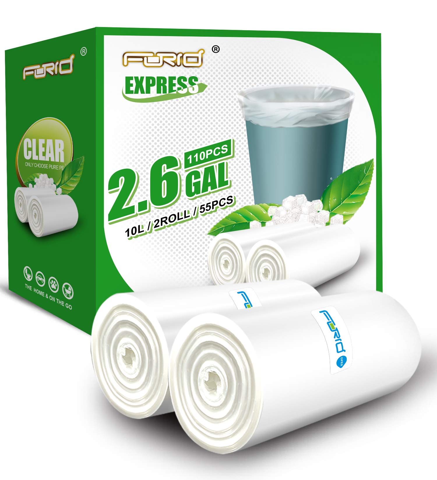 FORID Small Clear Trash Bags, 2.6 Gallon Garbage Bags, Wastebasket Bin Liners 110 Count Plastic Trash Bags for Bathroom Bedroom Office Garbage Can 10