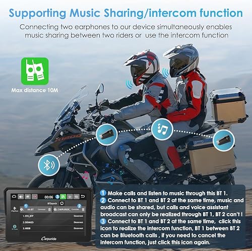 Carpuride W702 Pro Motorcycle Carplay Screen with Intercom Function, Wireless CarPlay and Android Auto, Portable 7 inch Waterproof Touchscreen, Upgraded Dual Bluetooth, Navigation, Compass, Barometer. - 4