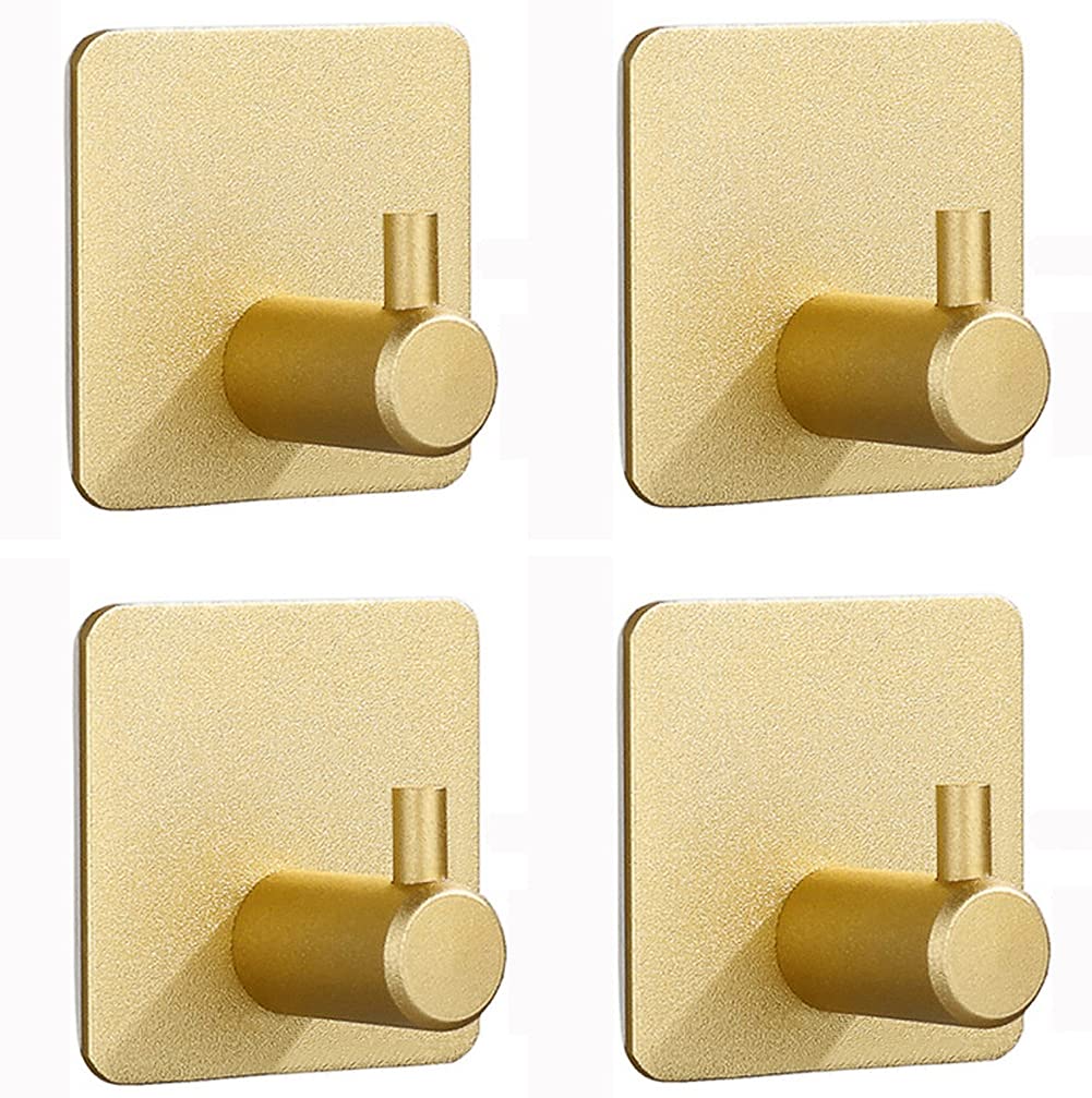 Gold Adhesive Hooks, 4 Pack Wall Hooks Heavy Duty, Waterproof Sticky Hooks for Hanging Towel, Key, Coat, Hat, Robe, Clothes, Towel Hook for Bathroom Kitchen Wall Mounted (Gold)