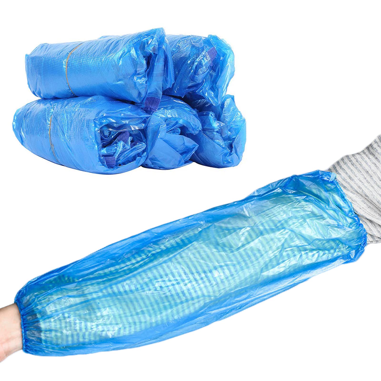 JADE KIT Disposable Arm Sleeves – 100-Pack Waterproof Plastic Covers With Elastic Straps, 15.5" Length, For Food Service, Factory & House Cleaning (Blue)