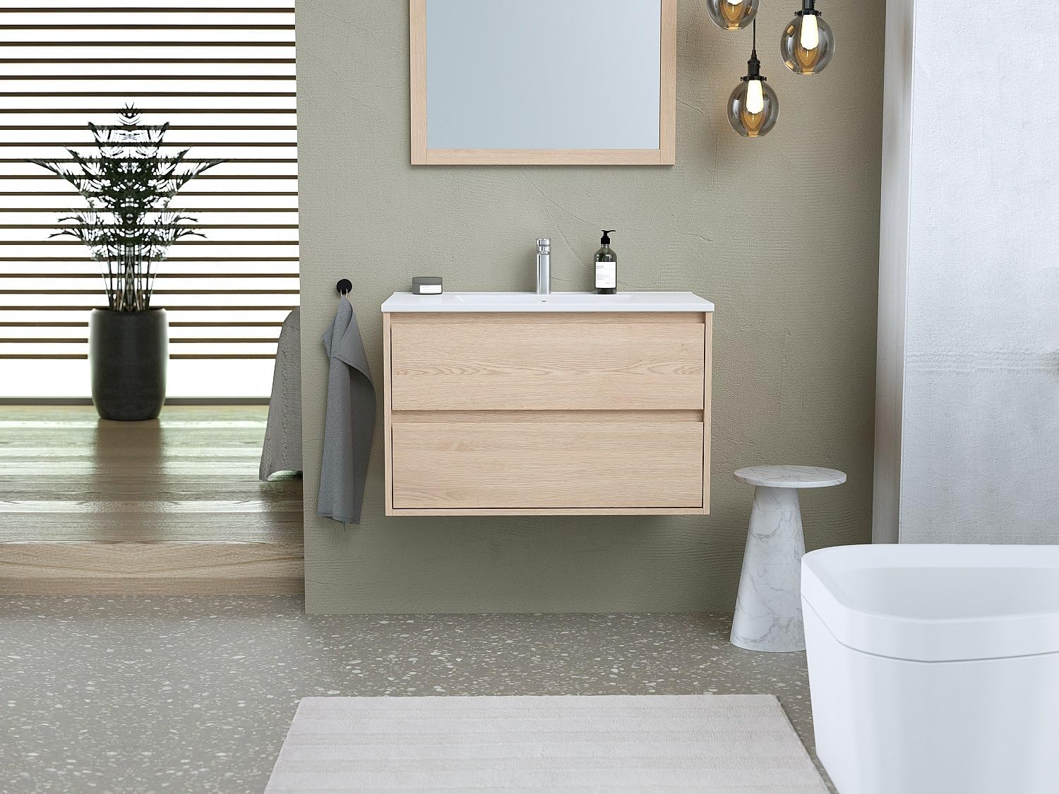 - Muebles colgantes para baño con lavabo empotrado - Chapa de roble - 80 cm - MILIPAM
