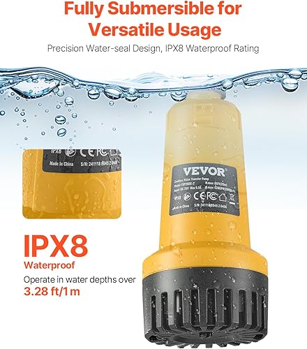 Miniatura 3 de VEVOR Bomba sumergible inalámbrica de transferencia de agua, 528 GPH, bomba de sumidero portátil con manguera de jardín G34 pulgadas, compatible con
