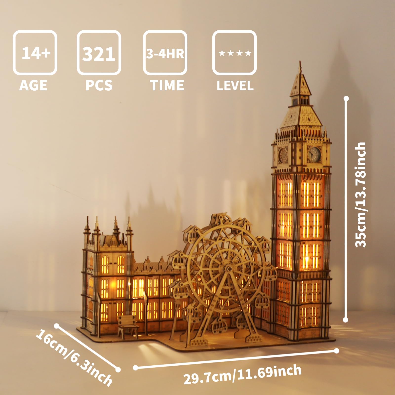 Music Park Puzzle 3D Adulto Big Ben in Legno con Luci LED Orologio Funzionante Modellino da Costruire con Ruota Panoramica, Gioco di Costruzione Decorativo, Regalo Elegante per Appassionati