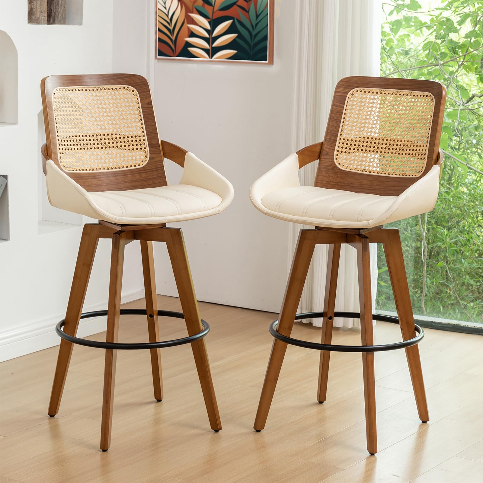 Bar Height Bar Stools Set of 2 - 29.5 inch Mid Century Modern Bar Stools with Cane Back, Curved Arms, Faux Leather Upholstered Seat, Rattan BarStools