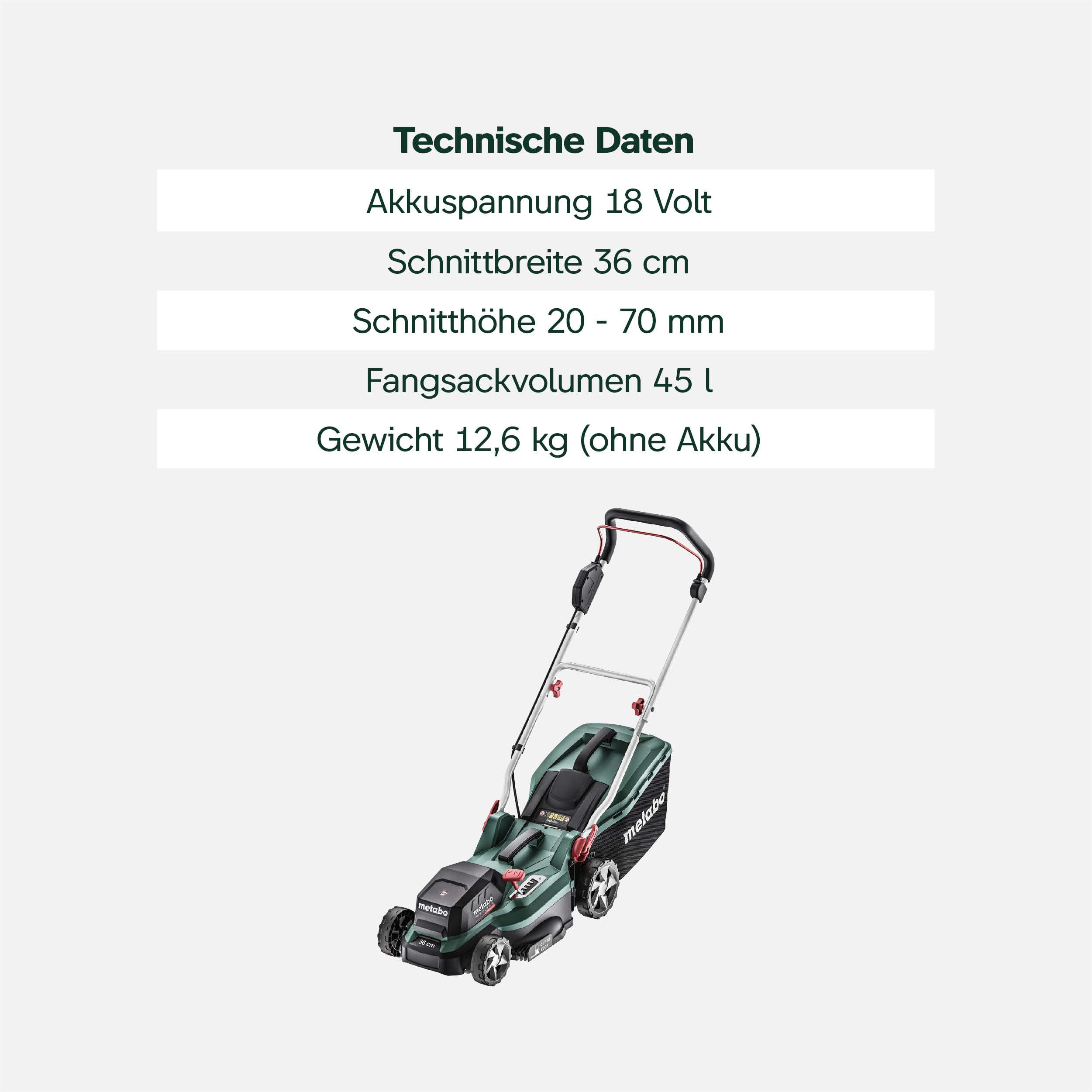 metabo Akku-Rasenmäher RM 36-18 LTX BL 36, Mulchmäher für Garten & Rasen | Elektrischer Rasenschneider ohne Akku und Ladegerät, kompakter Mäher für 350 m², 5-Stufen Schnitthöhe, inkl. Fangsack