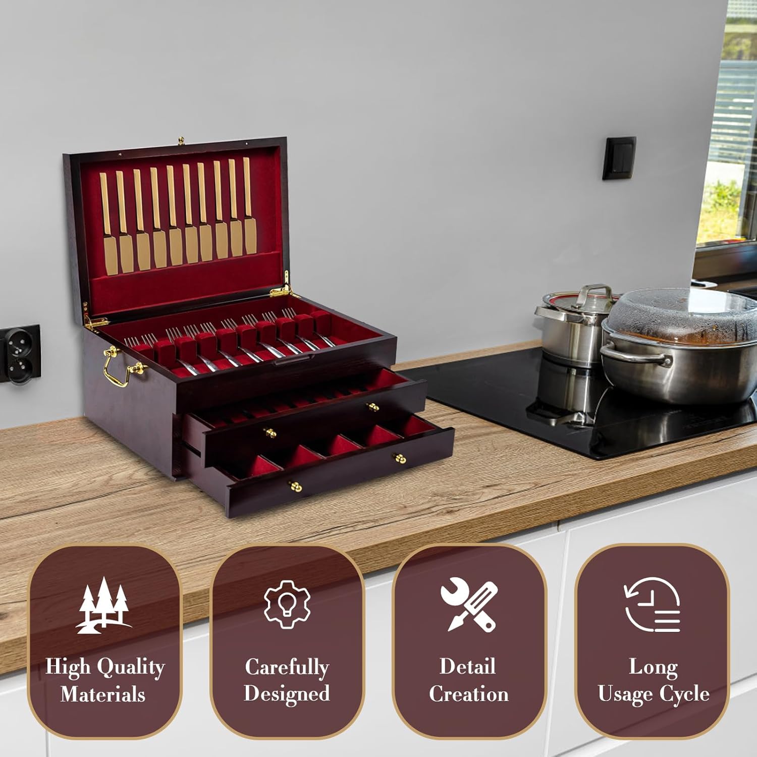 JPWDDWYT Silverware Storage Box with Pull Out Drawer,Large Kitchen Counter Organizer for Flatware and Utensils, Silverware Case with Handle and Felt Lined, Flatware Chest for 12 sets of Utensils