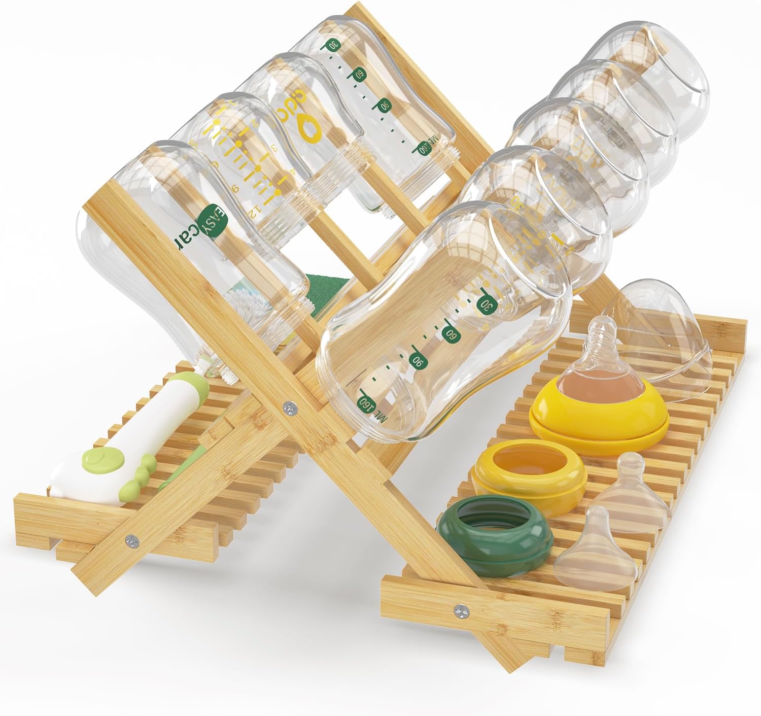 EsLuker.ly Baby Bottle Drying Rack Bamboo Vertical Dryer Holder, Space Saving for 12 Milk Glass Bottle Countertop, Wooden Drain Stand Shelf for New Parents