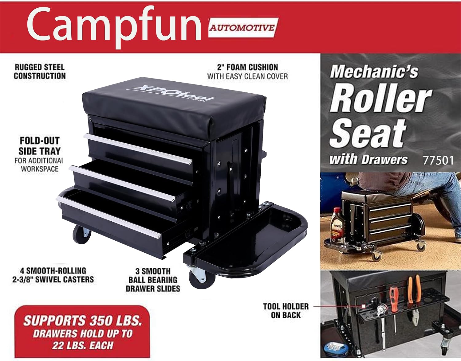 Campfun Rolling Creeper Seat, 350-Pound Capacity Garage Glider Rolling Tool Chest Seat, Mechanics Roller Seat with 3 Drawers, Rolling Tool Chest Garage Chair, Toolbox on Wheels Mechanics Seat