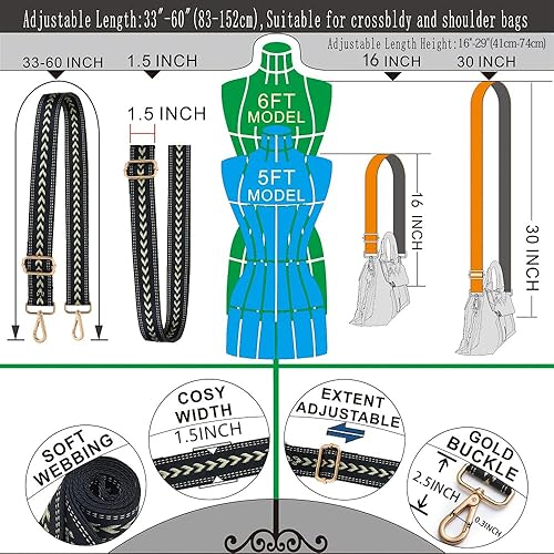 Miniatura 152 de Kolti Correa de repuesto para bolso, bolso cruzado a rayas anchas ajustables Hebilla de oro-04