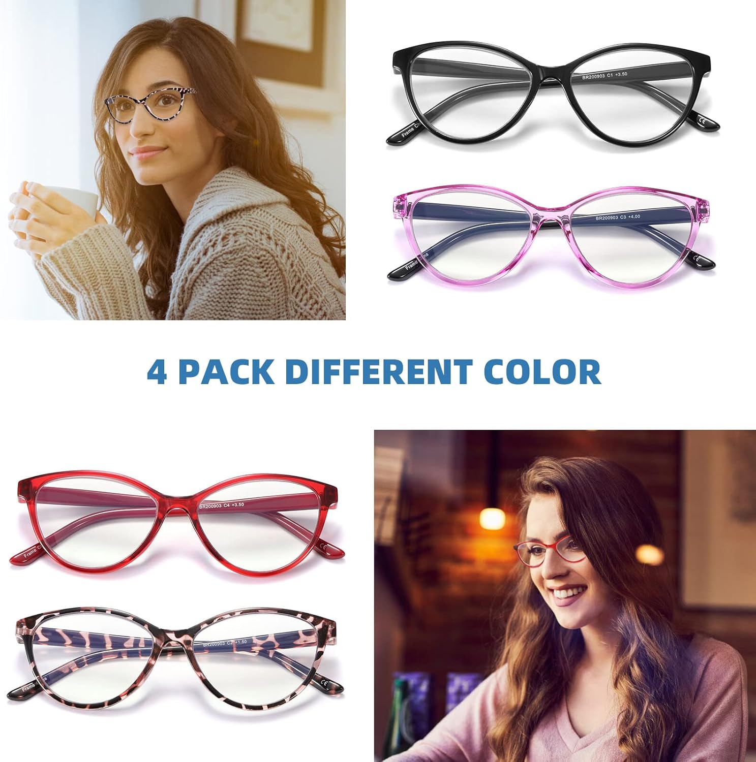 4 Pack Reading Glasses Blue Light Blocking for Women,Designer Cat Eye Frame Ladies Computer Readers,Anti Glare/UV Ray Eyeglasses 2.25 - Image 6