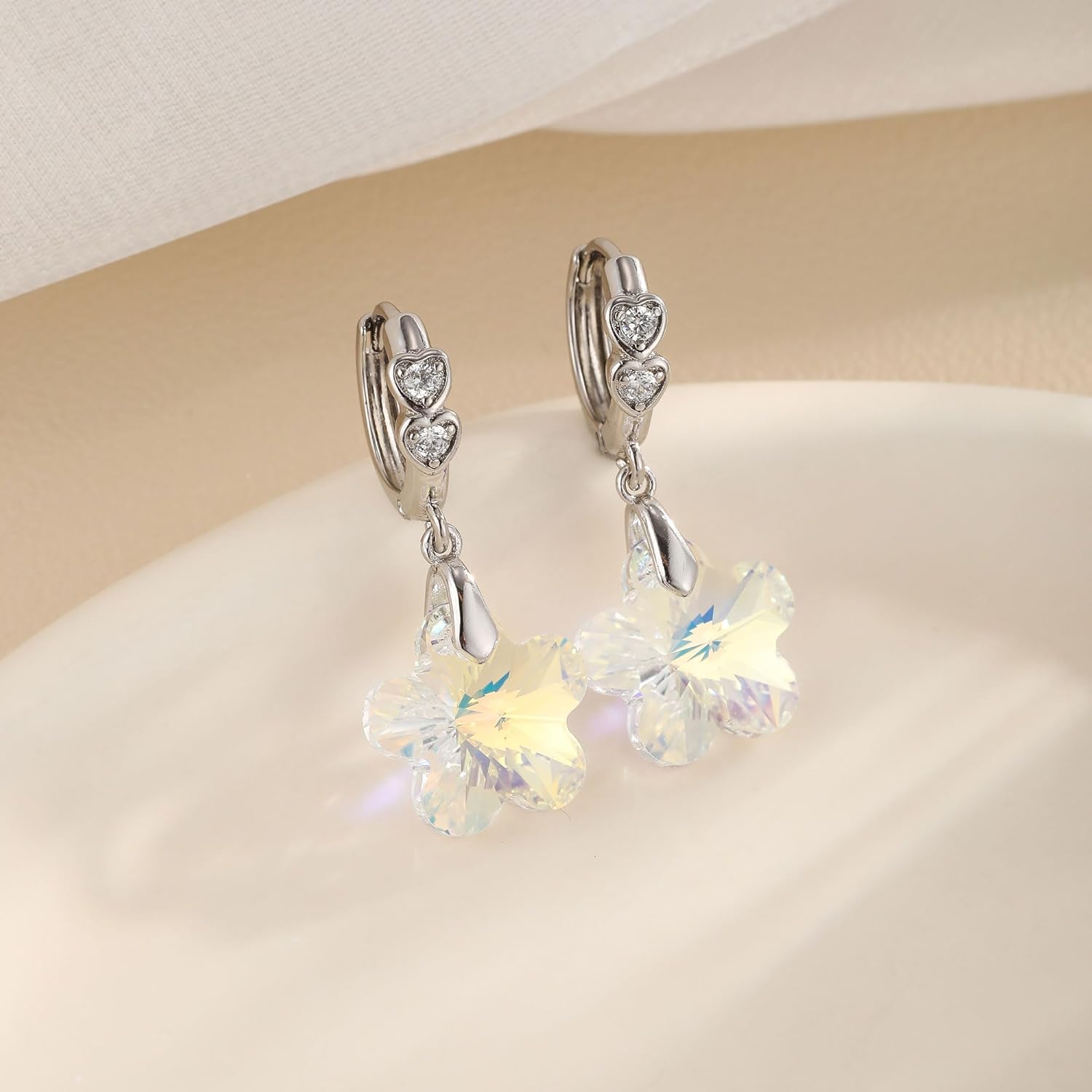 EVEVIC Trendy Austrian Crystal Flower Drop Leverback Earrings for Women 14k White Gold Plated Huggie Earring Hypoallergenic Jewelry Gift - Image 3