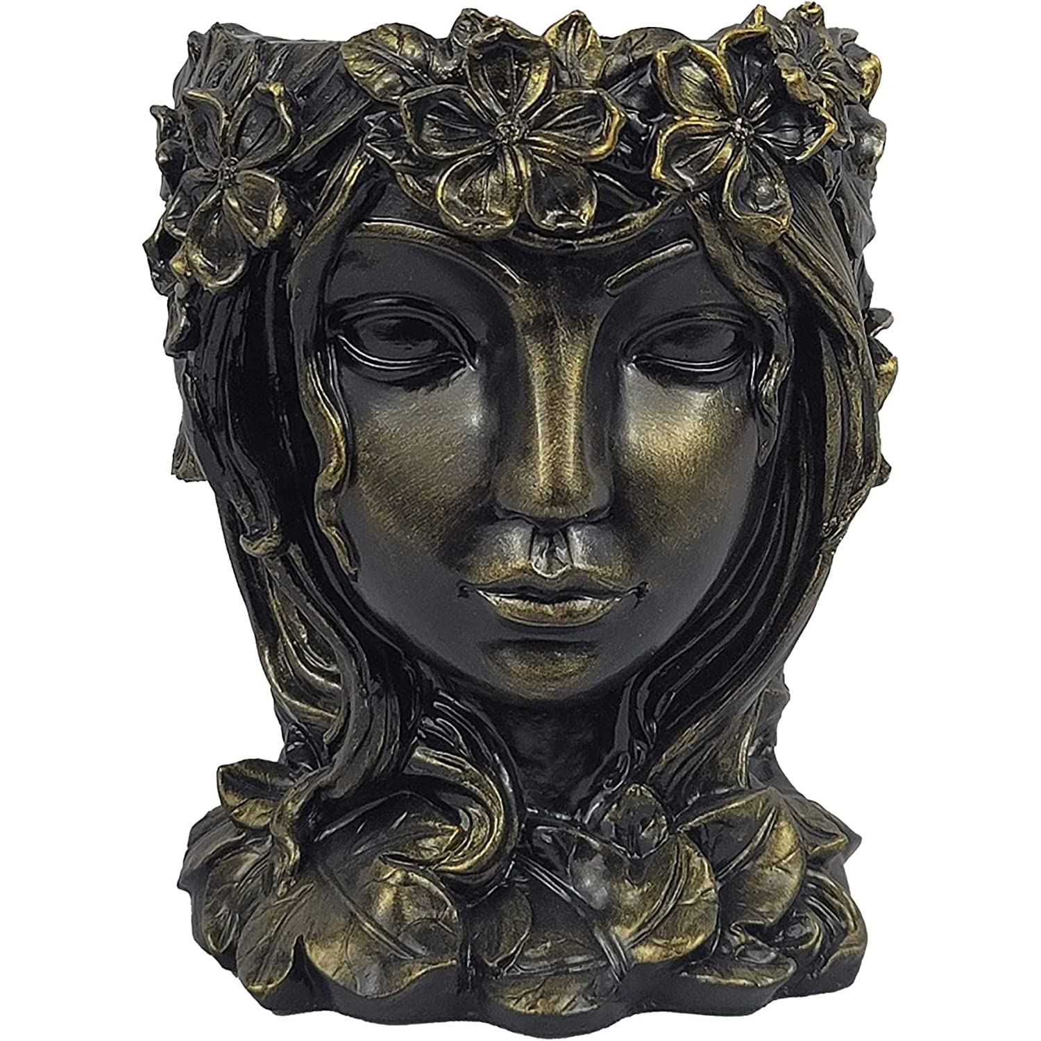 Coliseum Studio Inc Flower Girl Head Planter - Flower Pot - Indoor Outdoor Decorative - Concrete Planter with Drainage - for Succulents and Cacti - Handmade in The USA (Black-Gold)