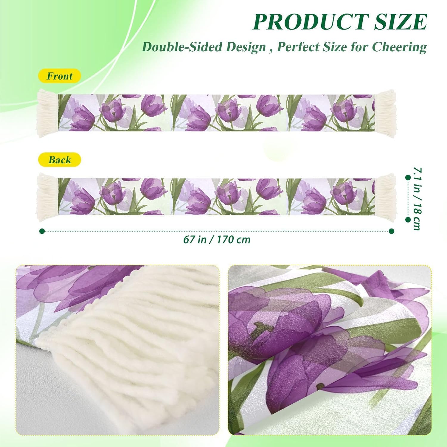 CHIFIGNO Purple Tulip Sports Fan Scarf White, Soft Polyester Soccer Scarf, Quick Dry Sweat Towel, Game Day Banner, Match Cheer Accessory